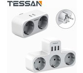 Regleta de enchufe de pared TESSAN EU con 2 salidas de CA 2 puertos USB Adaptador de corriente de 3600W 5V/2,4A con protección contra sobrecarga para el hogar, la oficina y los viajes 3 Outlets & 3 USB Ports gris