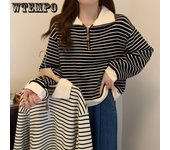 Camiseta de rayas con cuello vuelto para mujer, nueva camiseta polo de manga larga de moda para mujer, camisa de algodón puro para primavera y otoño S