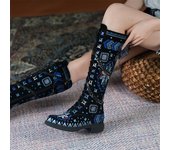 Meotina, botas hasta la rodilla de cuero genuino para mujer, zapatos planos con punta redonda y cadena bordada con cordones y cremallera, zapatos de Botas Largas para mujer, invierno 40 34 negro