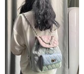 Mochila de moda de otoño e invierno para mujer, mochila urbana sencilla de color contrastante versátil con cadena de diamantes de alta gama para mujer azul