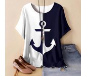 Camiseta de manga corta con cuello redondo para mujer, tallas grandes XL-7XL, con estampado 3D y estampado de ancla de barco. XL