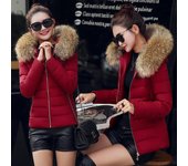 Chaqueta de invierno con capucha y cuello de piel de algodón para mujer, chaqueta con cremallera, acolchada, gruesa y cálida 2XL vino