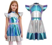 Disfraz de astronauta alienígena para niñas, disfraz de Halloween, cosplay, vestido de tutú metálico brillante para fiesta con mangas abullonadas 5-6 Years plata