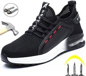 Zapatos de seguridad para el trabajo transpirables para hombre, botas de trabajo con puntera de acero antigolpes, zapatillas de trabajo indestructibles para construcción, zapatos para hombre 36 blanco negro