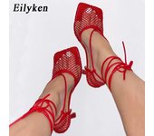 Eilyken New Sexy Mesh mujer Pumps Sandalias Femenina Dedo del pie alto Tacón alto Encaje Up Cross-tied Stiletto hueco Zapatos de vestir talla 35 rojo