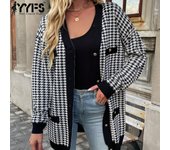 YYFS Chaquetas y abrigos de manga larga con estampado de pata de gallo informal a la moda para mujer Otoño Invierno S blanco/negro