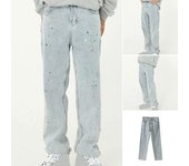 Pantalones vaqueros de primavera y otoño para hombre, pantalones informales con botones y cremallera, pantalones vaqueros holgados con grafiti, vaqueros rectos de pierna ancha lavados M azul claro