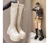 Botas altas hasta la rodilla con plataforma para mujer, botas largas con plataforma gruesa para otoño e invierno de 2024, botas de mujer a la moda con cremallera y cordones, botas sólidas hasta el muslo para mujer 34 beige