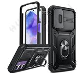 Funda con soporte de armadura militar para Samsung Galaxy S24 S23 S22 S21 Ultra Plus A55 A35 A54 A14 4G 5G, funda protectora de cámara deslizante con bolsillo para tarjetas Samsung S24 Ultra negro