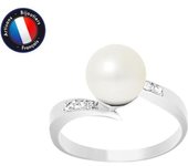 PERLINEA - Anillo de Perlas Cultivadas de Agua Dulce Redondas Genuinas 8-9 mm - Color Blanco Natural - Diamante - Oro Blanco - Joyería Mujer