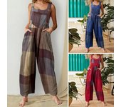 Mono sin mangas con cuello cuadrado y bolsillos, pierna ancha hasta el tobillo, patrón Retro a cuadros, mono con tirantes, ropa de calle L rojo