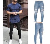 Hombres Vaqueros lavados Rodillas ajustadas Agujero Cremallera Pantalones pitillo Elasticidad Fuerza Destruida Pantalones rasgados XL negro