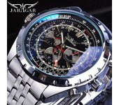 Jaragar, reloj automático de acero inoxidable con diseño de cristal azul, negro y plateado, reloj luminoso con fecha, reloj de pulsera mecánico de negocios para hombre