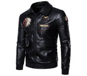 Chaqueta de cuero bordada para otoño e invierno para hombre, chaqueta de moto impermeable de piel sintética con forro polar L negro