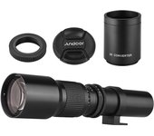 Andoer 500 mm/1000 mm f/8 cámara de enfoque manual lente teleobjetivo de alta potencia con cubierta de lente convertidor 2X negro