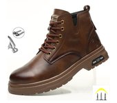 Botas de cuero impermeables de moda, zapatos de seguridad para el trabajo, botas con punta de acero para hombres, zapatos protectores indestructibles con cremallera lateral para hombres 38 marrón