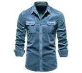 Chaqueta de Manga Larga de Camisa Informal Ajustada de Negocios de Pana básica de algodón de otoño e Invierno para Hombres M azul