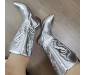 Botas vaqueras de moda para mujer 2024, botas cortas de vaquero para mujer, botas vaqueras de tacón grueso, botas vaqueras bordadas de media pantorrilla, botas vaqueras calientes 35 plata