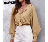 GMXIA Blusas y camisas de cuello POLO de manga larga con estampado de color sólido informal a la moda para mujer S blanco