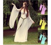 Vestido retro irregular con cinturón y cuello redondo de color liso y manga larga a la moda para mujer S blanco