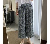 Pantalones de mujer, pantalones elásticos de cintura alta y pierna ancha, pantalones largos plisados con estampado floral, pantalones para estar en casa azul