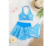 Conjunto de traje de baño de 3 piezas con volantes para niña, con estampado de mariposas, bonito traje de baño de playa de verano para niña 110 azul