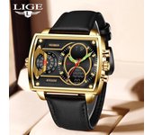 LIGE nuevo reloj Digital para hombre, reloj de pulsera deportivo para hombre, reloj de pulsera cuadrado Digital resistente al agua de cuarzo, reloj de pulsera de cuero informal de lujo superior negro