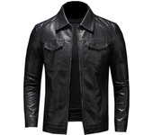 Chaqueta de cuero para motocicleta para hombre, talla grande, bolsillo, negra, cremallera, solapa, corte entallado, hombre, primavera y otoño, alta calidad, abrigo de PU S negro