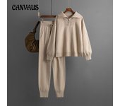 Conjunto de suéter de punto para mujer, conjunto de dos piezas con cuello tipo POLO, Top informal de manga larga y pantalones largos, otoño e invierno One Size caqui
