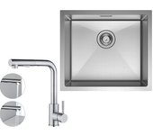 Fregadero de cocina empotrado 1 seno 50×44CM acero inoxidable cepillado, mezclador de cocina extraíble con 2 funciones de rociado