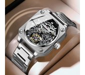 Nuevo reloj cuadrado de marca de lujo superior de negocios Tourbillon para hombre Reloj mecánico automático Perspectiva de acero inoxidable Reloj de pulsera deportivo impermeable hueco blanco