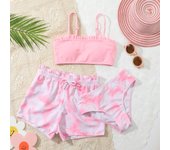 Conjunto de traje de baño de 3 piezas con volantes para niña, con parte superior estampada, braguita y falda, bonito traje de baño de playa de verano para niña. 110 color rosa