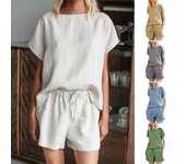 Conjunto de dos piezas de lino y algodón para mujer, conjunto de salón de verano a juego, top informal de cuello redondo, traje corto con cordón en la cintura para usar en casa. M bronceado