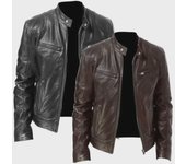 Chaqueta de cuero con cuello alto para hombre, estilo motociclista, primavera/otoño. Tallas grandes disponibles. Four Extra Large negro