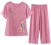 2 unids/set de pijamas de mujer de mediana edad con cintura elástica estampada y cuello redondo, pijamas sueltos plisados ​​de manga corta XL color rosa