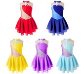 Leotardos de gimnasia para niñas, sin mangas, vestido de patinaje sobre hielo con diamantes de imitación, vestidos de baile florales 7-8 Years azul claro