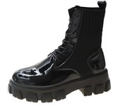 Botas de moda para mujer, botines negros de charol con plataforma, botas planas de moto tejidas, novedad 2024 35
