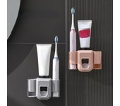 Soporte para cepillo de dientes eléctrico, organizador de cepillos de dientes de pared con doble orificio, soporte para cepillo de dientes, exprimidor de pasta de dientes, accesorios de baño sin perforaciones gris
