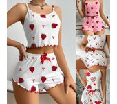 Conjunto de pijama con estampado de fresas de verano 2025 para mujer, ropa de casa, top corto y pantalones cortos sexys con tirantes, traje de 2 piezas, pijama corto blanco, ropa de dormir, ropa de estar en casa S