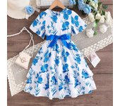 Vestido de princesa con volantes para niñas, moda infantil de verano, vestido floral 130cm azul del lago