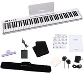 Piano electrónico Carina de 88 teclas, teclado ligero, delgado, recargable, pedal, auriculares, MIDI, para principiantes (Blanco)