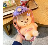 Botella de agua de plástico de oso Kawaii con correa portátil de paja, bonitas botellas para niños para niñas, taza de té de burbujas de leche de gran capacidad de verano ZH 1000ML color rosa
