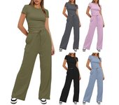 Conjunto informal de dos piezas para mujer, top ajustado de manga corta y pantalones anchos de cintura alta, chándal para estar en casa M color rosa