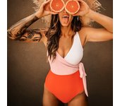 Traje de baño de una pieza con bloques de color naranja y blanco, Monokini con cinturón y lazo de retales para mujer, traje de baño para playa con cuello en V 2023 S