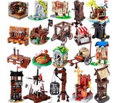 Bloques de construcción MOC de ciudad medieval Tablón de anuncios Horno Cocina Torre de vigilancia Tienda de campaña de gánsteres Jaula colgante Guillotina Niños K039