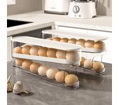 Caja de almacenamiento de huevos para refrigerador, soporte automático para huevos con desplazamiento, gran capacidad, para el hogar, cocina, estante de almacenamiento de huevos rodante exclusivo blanco