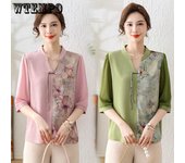 Camisa de gasa de verano para mamá con empalme de siete mangas Camisa de verano para mujeres de mediana edad y mayores XL