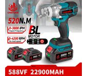 Llave de impacto eléctrica sin escobillas ONEVAN de 520 N.M, kit de destornillador inalámbrico de 1/2 pulgada con enchufe hexagonal, herramienta eléctrica para batería Makita 5BBVF/18 V. 2 Battery Set
