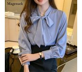 Tops sueltos coreanos para mujer, blusa de gasa a la moda de satén, ropa blanca de oficina para mujer con lazo, camisa de manga larga azul 2022 10691 S azul