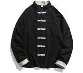 Chaqueta tipo kimono para hombre, ropa tradicional china, top de lino Hanfu, traje Tang de manga larga, camisa de Kung Fu, cárdigan, abrigo XXXXXL negro